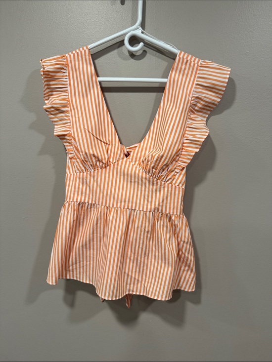 Vernacular Tops - Striped Orange V-Neck Ruffle Peplum Camisole
